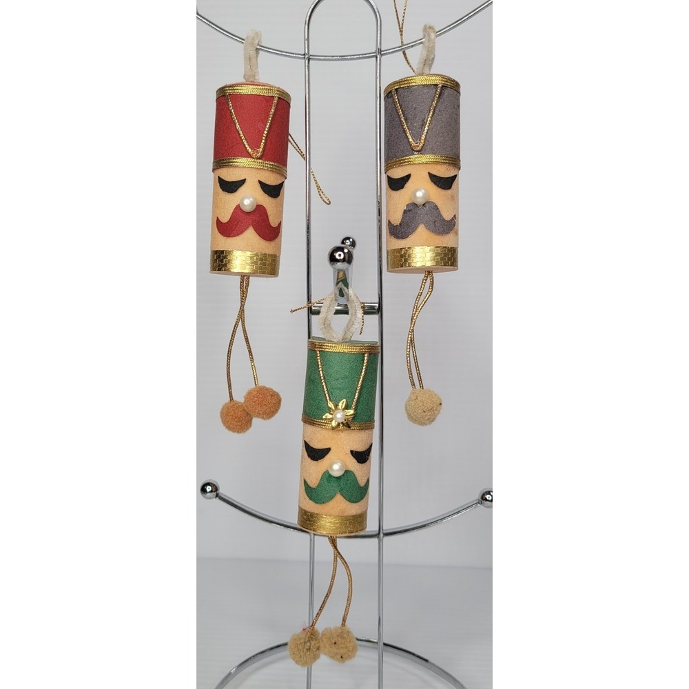 3 Vintage Felt Flocked Foam Dangling Pom Poms Toy Soldier Christmas Ornaments